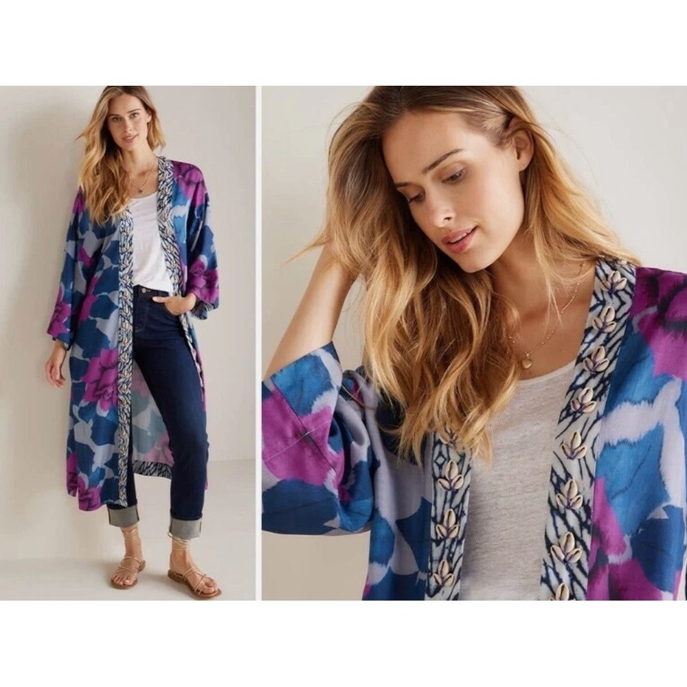 Soft Surroundings Artika Kimono Topper Blue Floral Cowrie Shell / Womens S/M